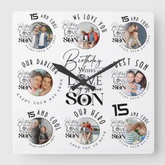 Sohn Geburtstag 8 Foto Collage Typografie  Quadratische Wanduhr