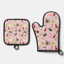 Soja in Liebe niedlich hellrosa Kawaii Sushi Ofenhandschuh & Topflappen-Set