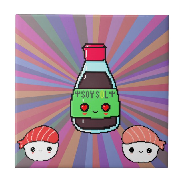 Sojasauße und Sushi kawaii Pixel Art Regenbogen Fliese (Vorderseite)