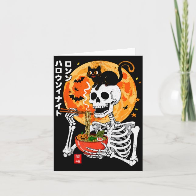 Soky Skeleton Eating Ramen Bowl With Cat Halloween Karte