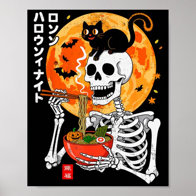 Soky Skeleton Eating Ramen Bowl With Cat Halloween Poster (Vorne)