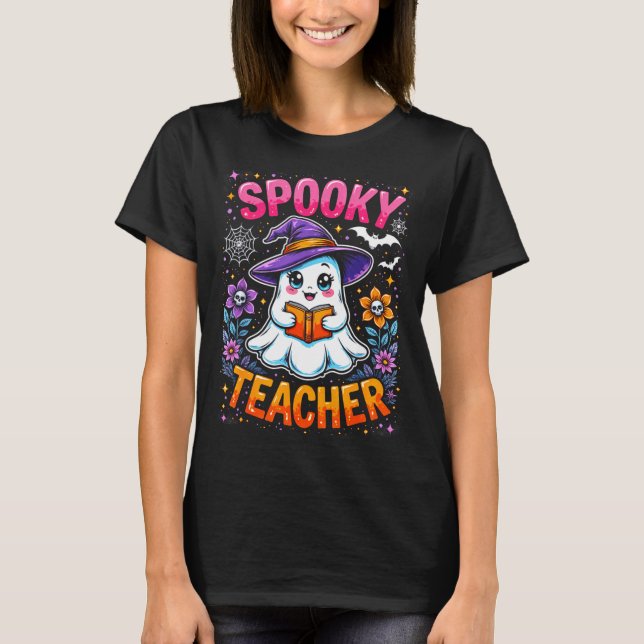 Soky Teacher Cute Ghost Reading Book Funny Hallo  T-Shirt (Vorderseite)