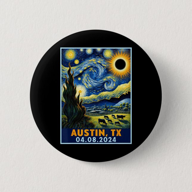 Solar Eclipse 2024 Austin Texas Van Gogh Starry Ni Button (Vorderseite)