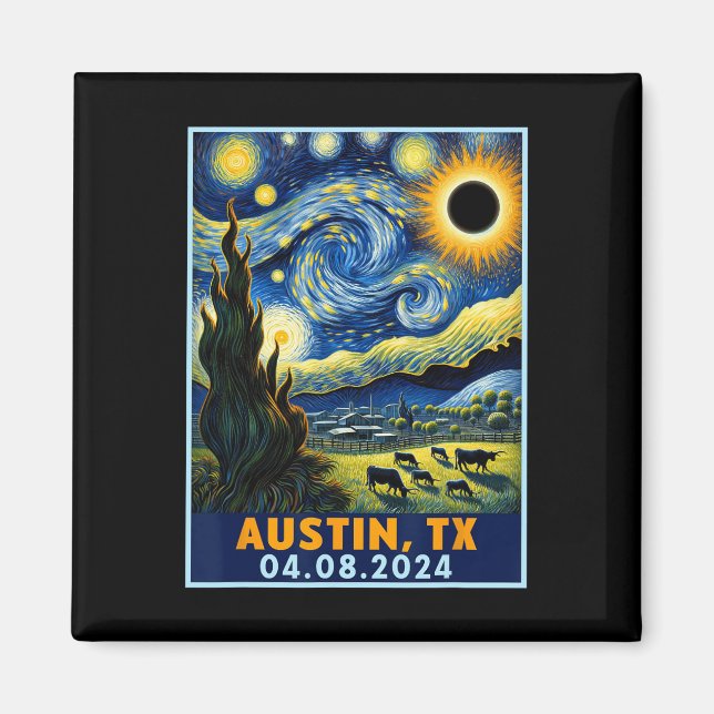 Solar Eclipse 2024 Austin Texas Van Gogh Starry Ni Magnet (Vorne)