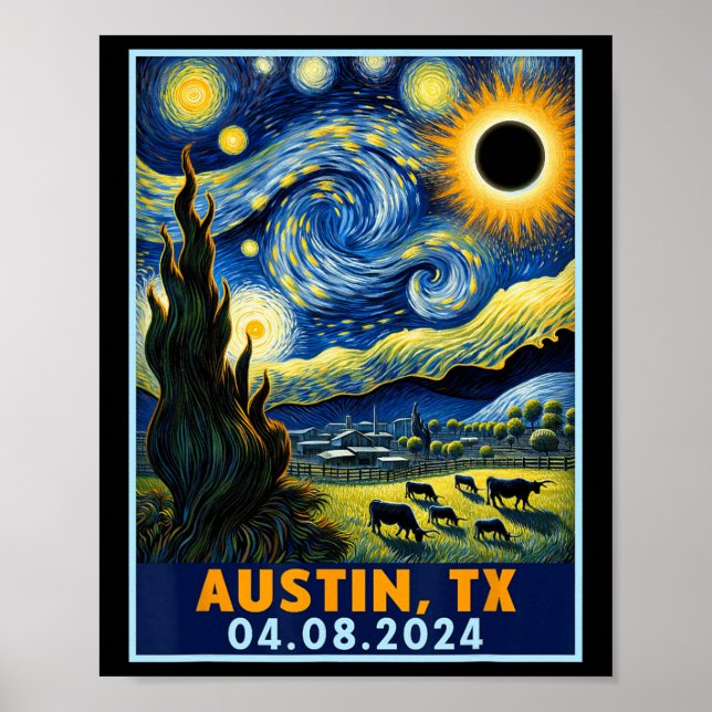 Solar Eclipse 2024 Austin Texas Van Gogh Starry Ni Poster (Vorne)