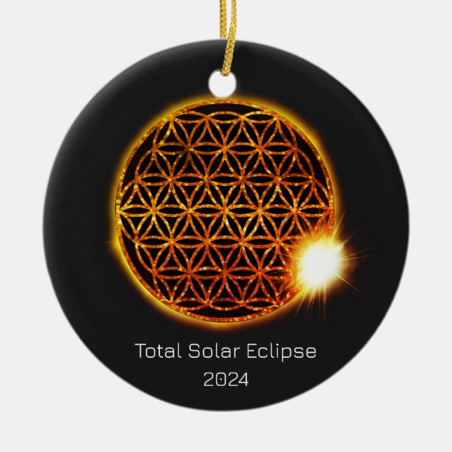 Solar Eclipse 2024 Gold Sparkling Blume of Life Keramik Ornament (Vorne)