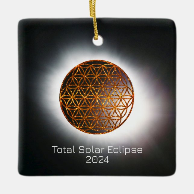 Solar Eclipse 2024 Gold Sparkling Blume of Life Keramikornament (Vorderseite)