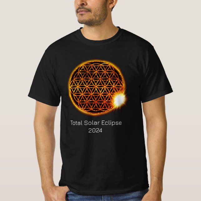 Solar Eclipse 2024 Gold Sparkling Blume of Life T-Shirt (Vorderseite)