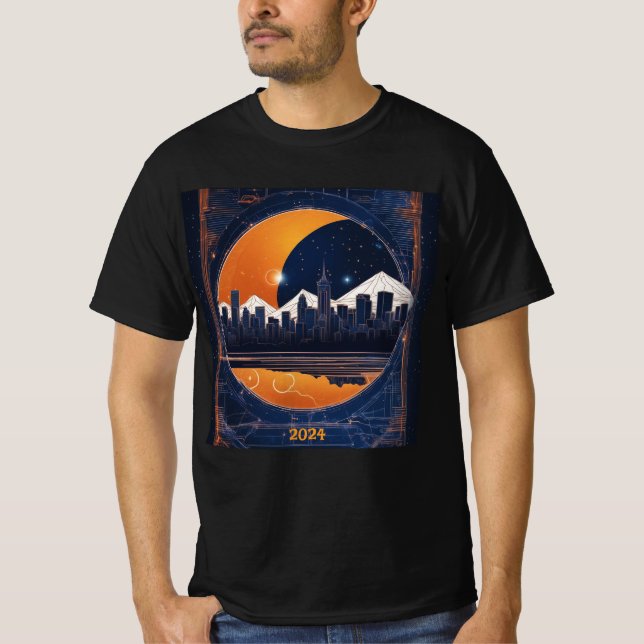 Solar Eclipse Cityscape Hills 2024 Name Männer hin T-Shirt (Vorderseite)