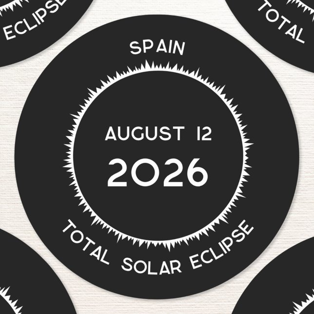 Solar Eclipse insgesamt 2026 Spanien Runder Aufkleber (Total Solar Eclipse August 12 2026 Spain custom text sticker)