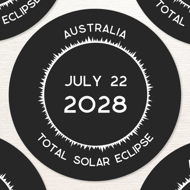 Solar Eclipse insgesamt 2028 Australien Runder Aufkleber (Total solar eclipse july 22nd 2028 Australia custom text sticker)