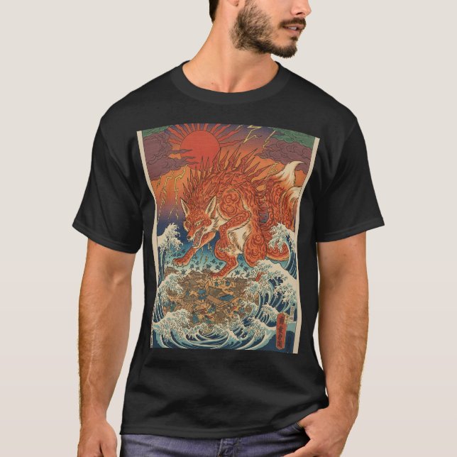 Solar Kitsune Über Wellen T-Shirt (Vorderseite)