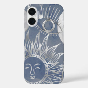 Solar Mystique   Dusty Blue Silver Moon Stars Sun iPhone 16 Hülle