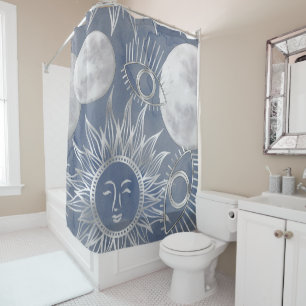 Solar Mystique Dusty Blue Silver Moon Stars Sun Duschvorhang