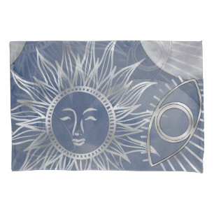 Solar Mystique Dusty Blue Silver Moon Stars Sun Kissenbezug