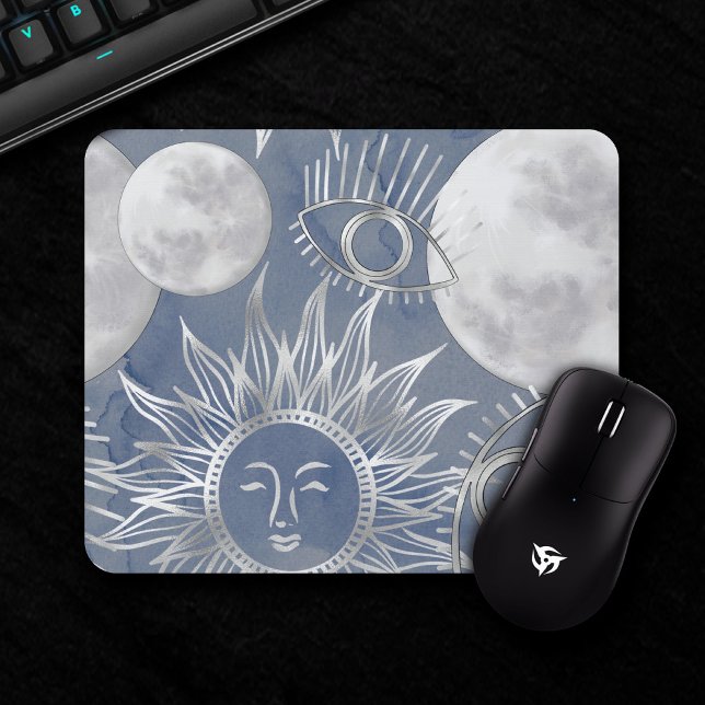 Solar Mystique | Dusty Blue Silver Moon Stars Sun Mousepad (Von Creator hochgeladen)