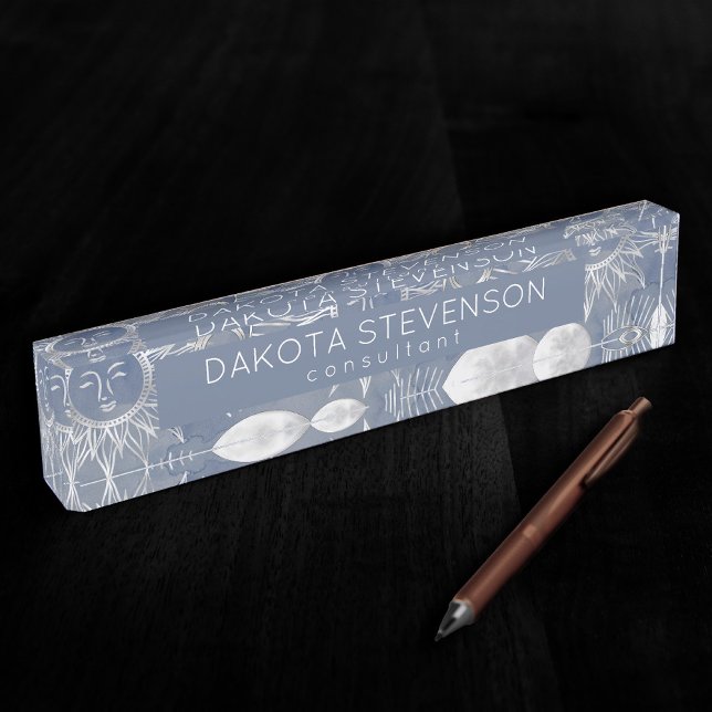 Solar Mystique | Dusty Blue Silver Moon Stars Sun Namensplakette (Von Creator hochgeladen)