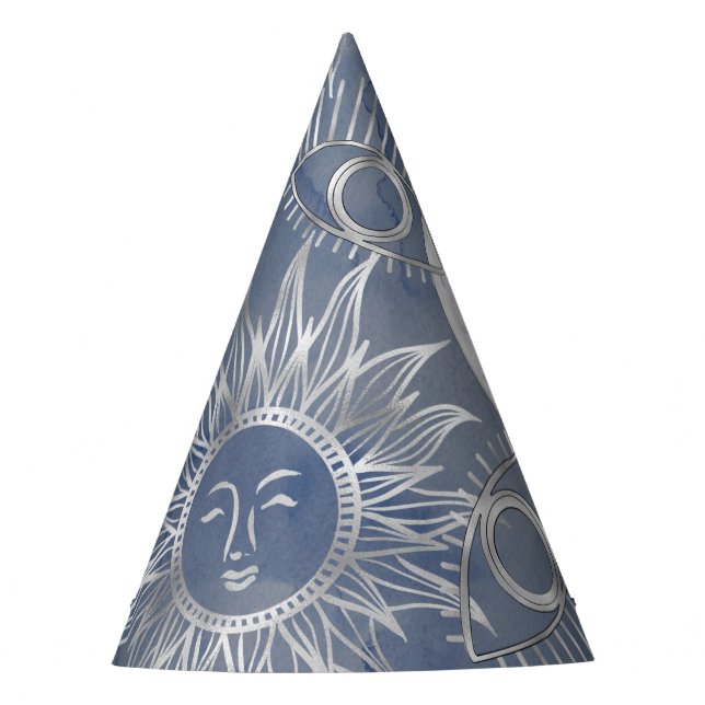 Solar Mystique | Dusty Blue Silver Moon Stars Sun Partyhütchen (Vorderseite)