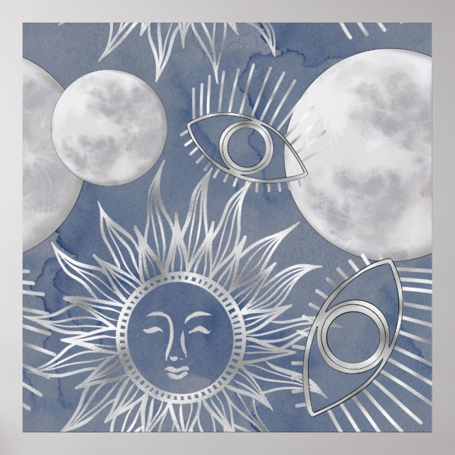 Solar Mystique | Dusty Blue Silver Moon Stars Sun Poster (Vorne)