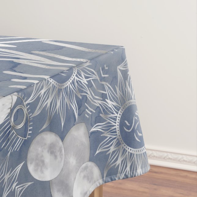 Solar Mystique | Dusty Blue Silver Moon Stars Sun Tischdecke