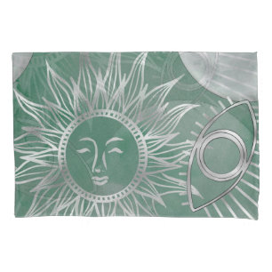 Solar Mystique Dusty Green Silver Moon Stars Sun Kissenbezug