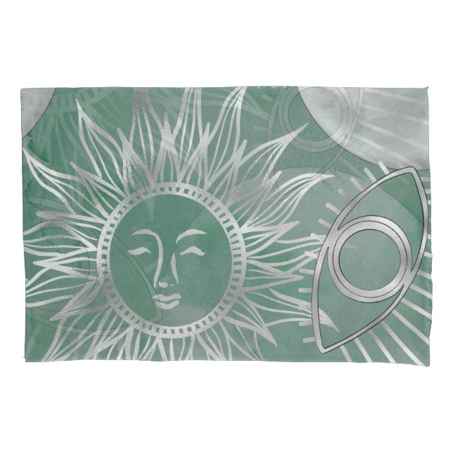 Solar Mystique | Dusty Green Silver Moon Stars Sun Kissenbezug (Vorderseite)