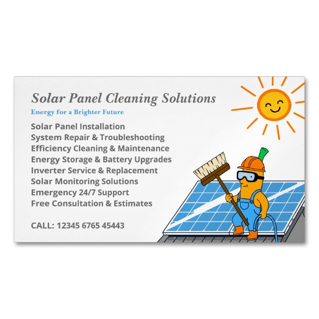 Solar Panel Cleaning Services Mascot Cartoon Magnetische Visitenkarte (Vorderseite)