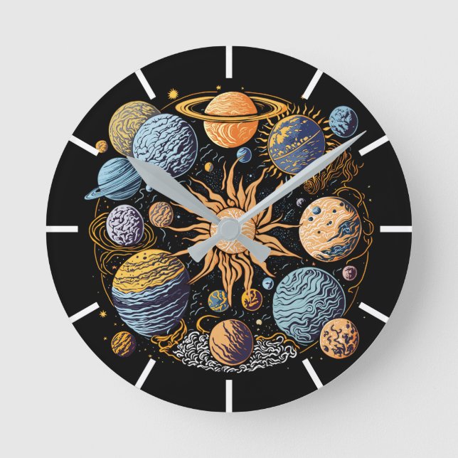 Solarsystem-Grafikdesign Runde Wanduhr (Vorderseite)
