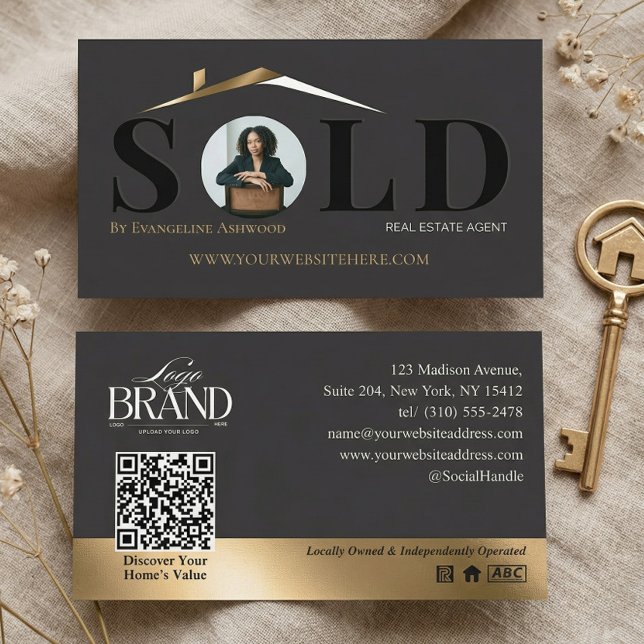 Sold Luxury Home Real Estate Agent Black Gold QR Visitenkarte (Sold Luxury Home Real Estate Agent Black Gold QR Business Card)