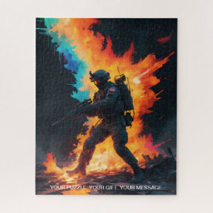 Soldat in den Flammen Stand inmitten des Inferno Puzzle