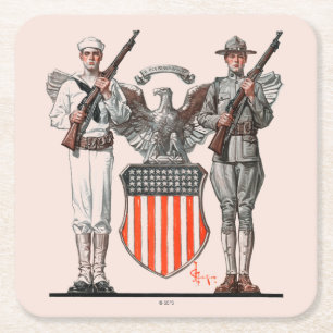 Soldat, Matrose und US-Schild Rechteckiger Pappuntersetzer