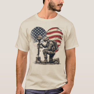 Soldier Kneeling Fallen Hero American Flag Heart G T-Shirt