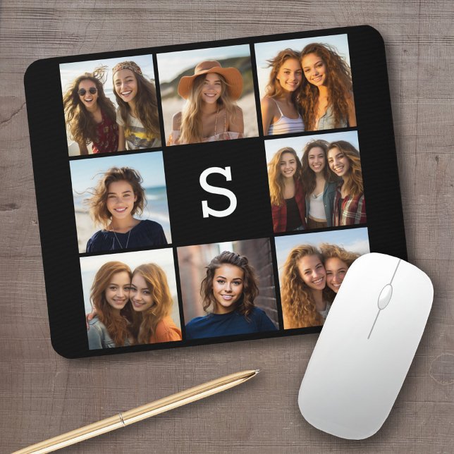 Solid Black 8 Foto Collage Custom Monogram Mousepad (Personalized mousepad - add your photos and custom text)