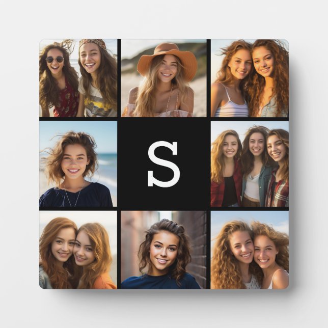 Solid Black Foto Collage Custom Monogram Fotoplatte (Vorderseite)