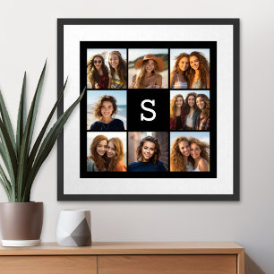 Solid Black Foto Collage Custom Monogram Poster