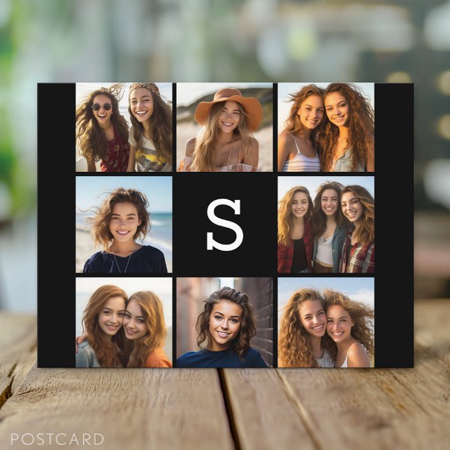 Solid Black Foto Collage Custom Monogram Postkarte (Custom Personalized Photo Collage Postcard)