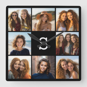 Solid Black Foto Collage Custom Monogram Quadratische Wanduhr