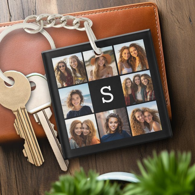 Solid Black Foto Collage Custom Monogram Schlüsselanhänger (Personalized keychain with photo collage and monogram)