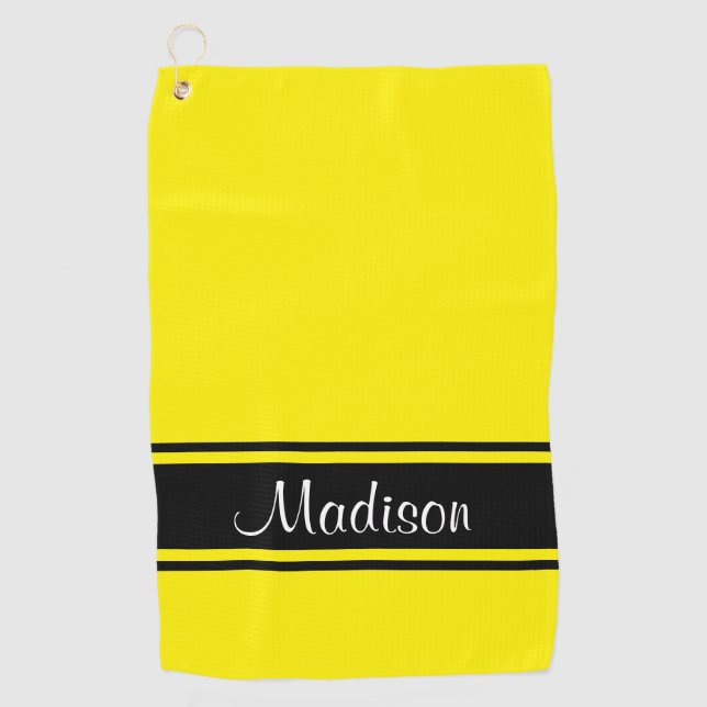 Solid Bright Yellow Black Stripes Script-Name Golfhandtuch (Vorderseite)