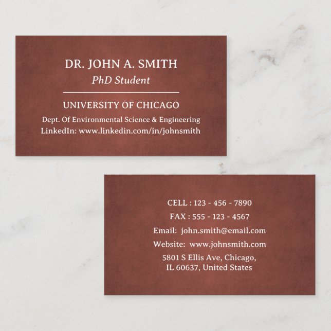 Solid Brown PhD Student Business Card Visitenkarte (Vorne/Hinten)
