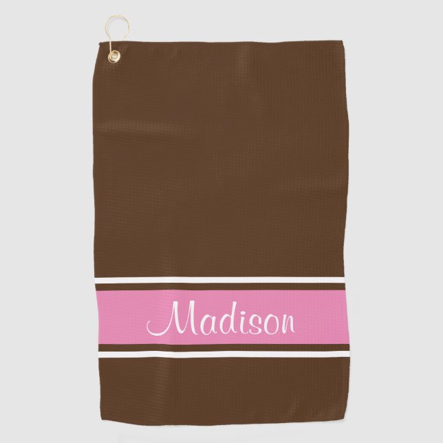 Solid Brown Pink White Strip Skriptname Golfhandtuch (Vorderseite)