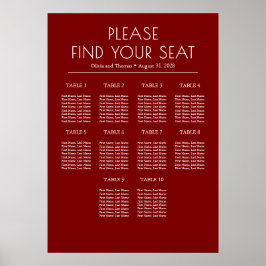 Solid Burgundy Red Modern Wedding Seating Chart Poster