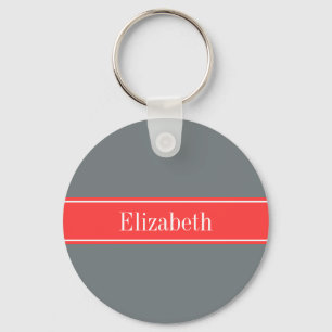 Solid Charcoal Gray Coral Red Ribbon Name Monogram Schlüsselanhänger