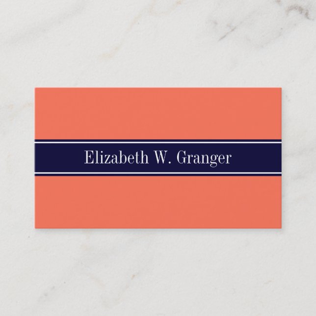 Solid Coral, Navy Blue Ribbon Name Monogram Visitenkarte (Vorderseite)