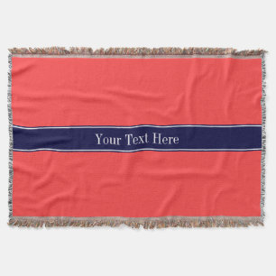 Solid Coral Red, Navy Blue Ribbon Name Monogram Decke
