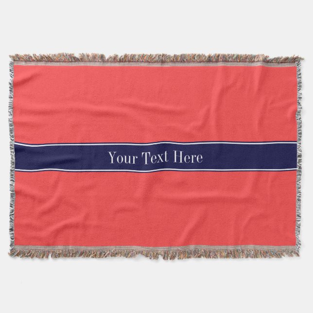 Solid Coral Red, Navy Blue Ribbon Name Monogram Decke (Vorderseite)