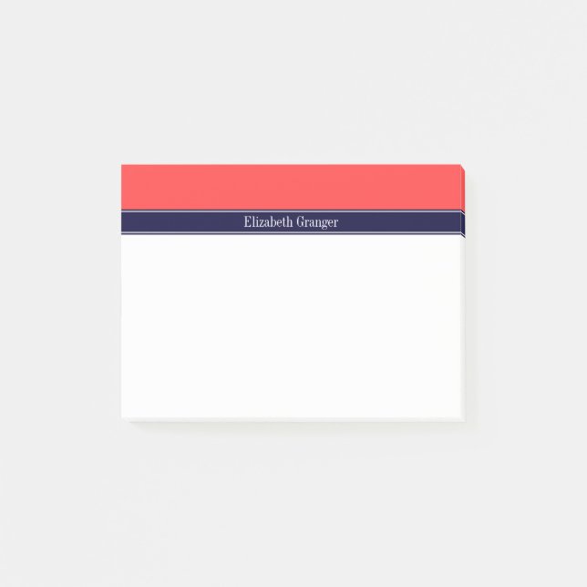 Solid Coral Red, Navy Blue Ribbon Name Monogram Post-it Klebezettel (Vorderseite)
