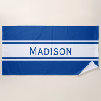 Solid Deep Blue White Stripes Moderner Name Strandtuch