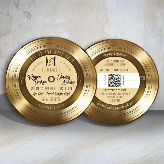 Solid Gold Vinyl Record Monogram Music Wedding Einladung (Fun & Unique gold 45 vinyl record hit single song double-sided music theme round wedding invitation)