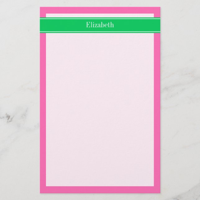 Solid Hot Pink #2 Emerald Green Rbn Name Monogram Briefpapier (Vorderseite)